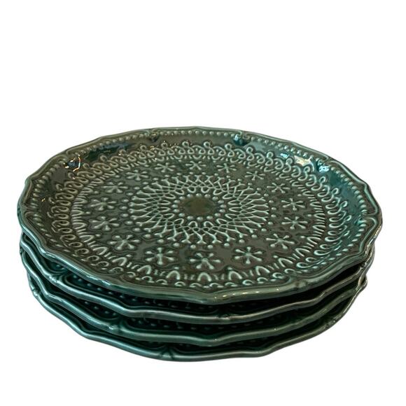 Potter's Studio Green Holiday Dinner Plates 10" Ceramic Set of 4 Christmas New - Picture 5 of 10